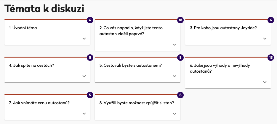 Příklad témat zobrazených na nástěnce diskuze