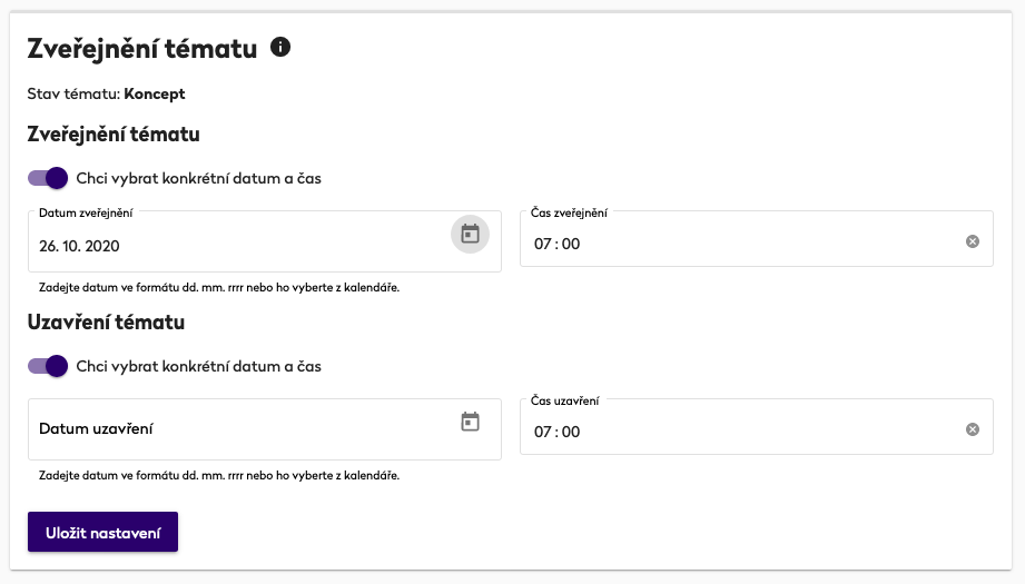 Dialog plánování zveřejnění a uzavření diskuze